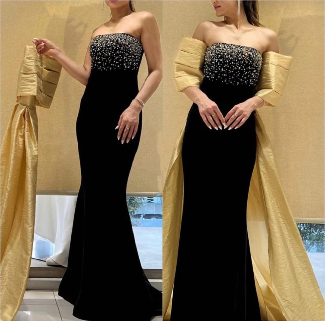 Gorgeous Off Shoulder Prom Dresses Beads Mermaid Floor-Length Cape Customizable Evening Dresses Formal Occasion Party Gown