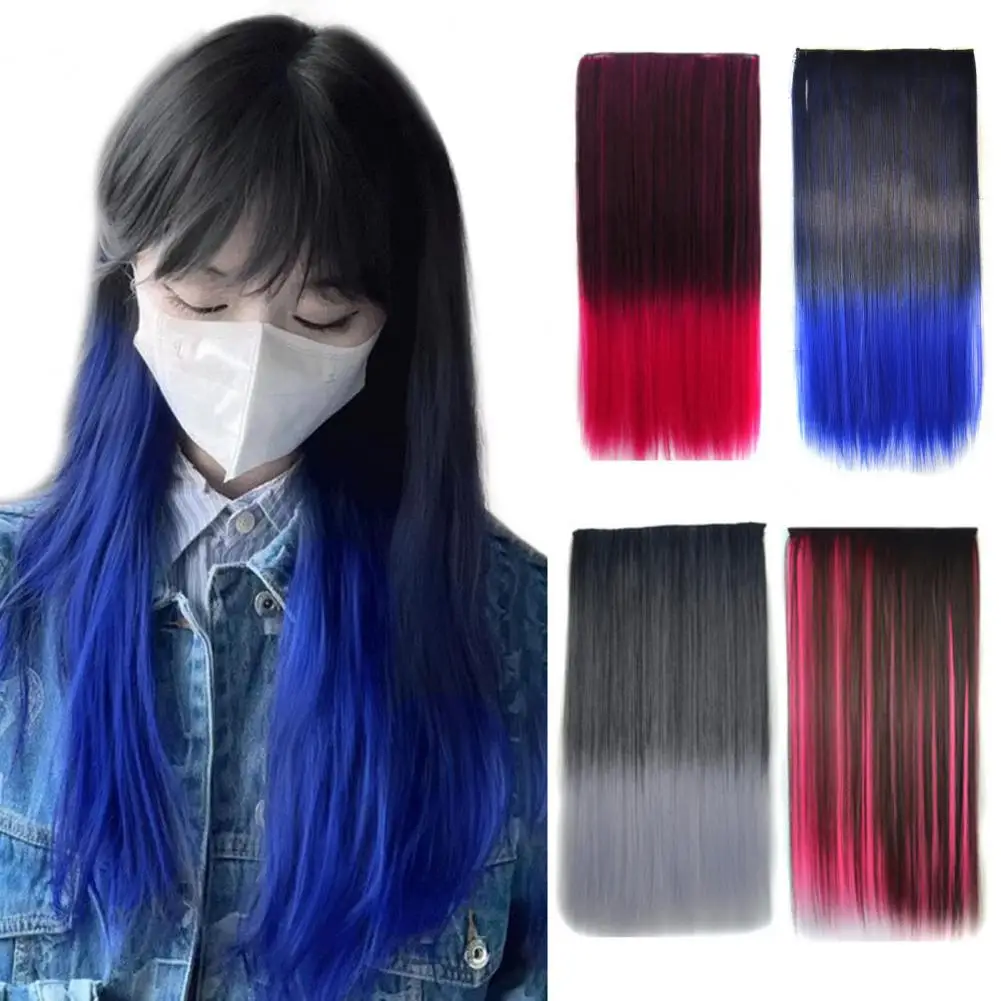 Gradient Color Hair Extension Long Straight Synthetic Fiber Fake Hair 23.6 Inch Fake Hairpiece High Temperature Wire Wig