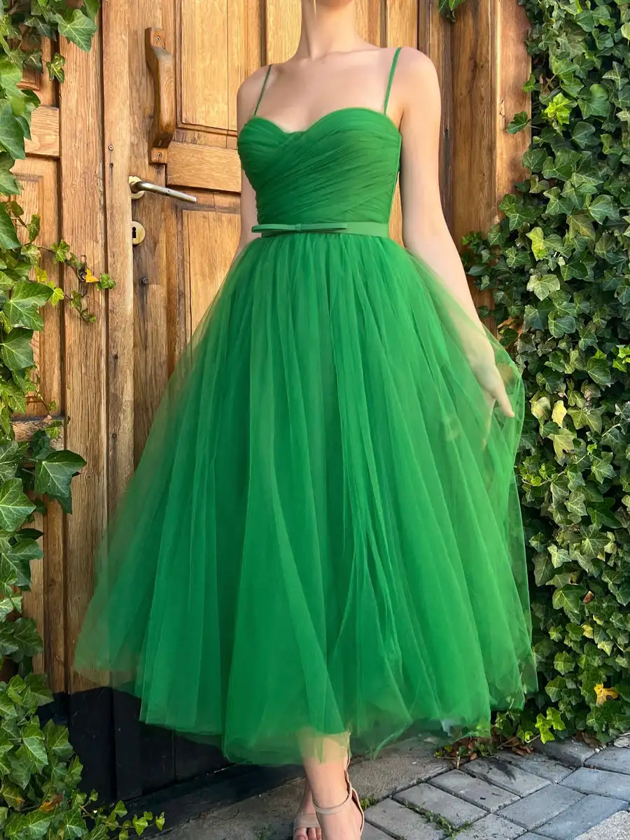 Green Prom Dresses Pleats Tulle Spaghetti Strap A Line Tea Length Formal Party Special Occasion Evening Gowns custom made