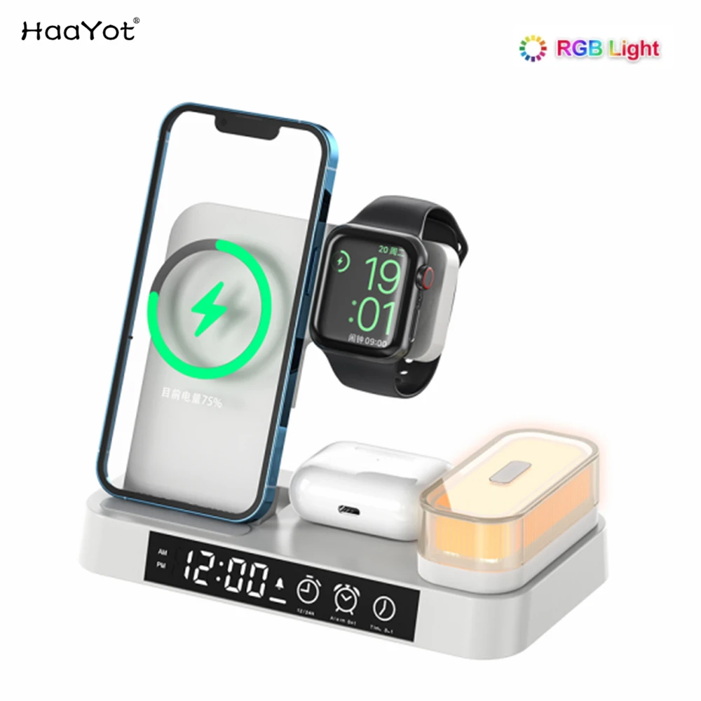 HAAYOT Colorful Night Light Wireless Charger with Alarm Clock for iPhone 15 14 13 Fast Charging Station for Apple watch AirPods