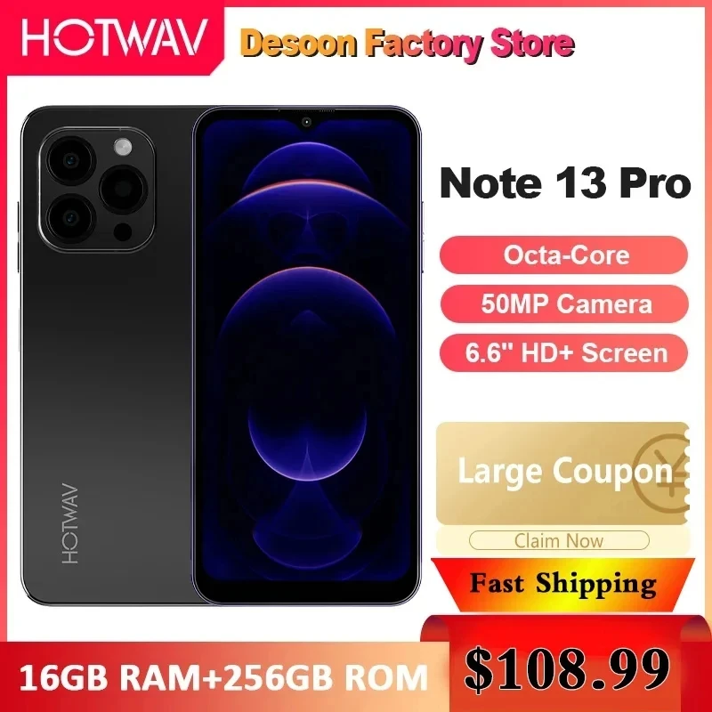 HOTWAV Note 13 Pro Smartphone 6.6” HD+ Screen 16GB+256GB Octa-Core 50MP Camera 5160mAh Battery 18W Charging Mobile Phone