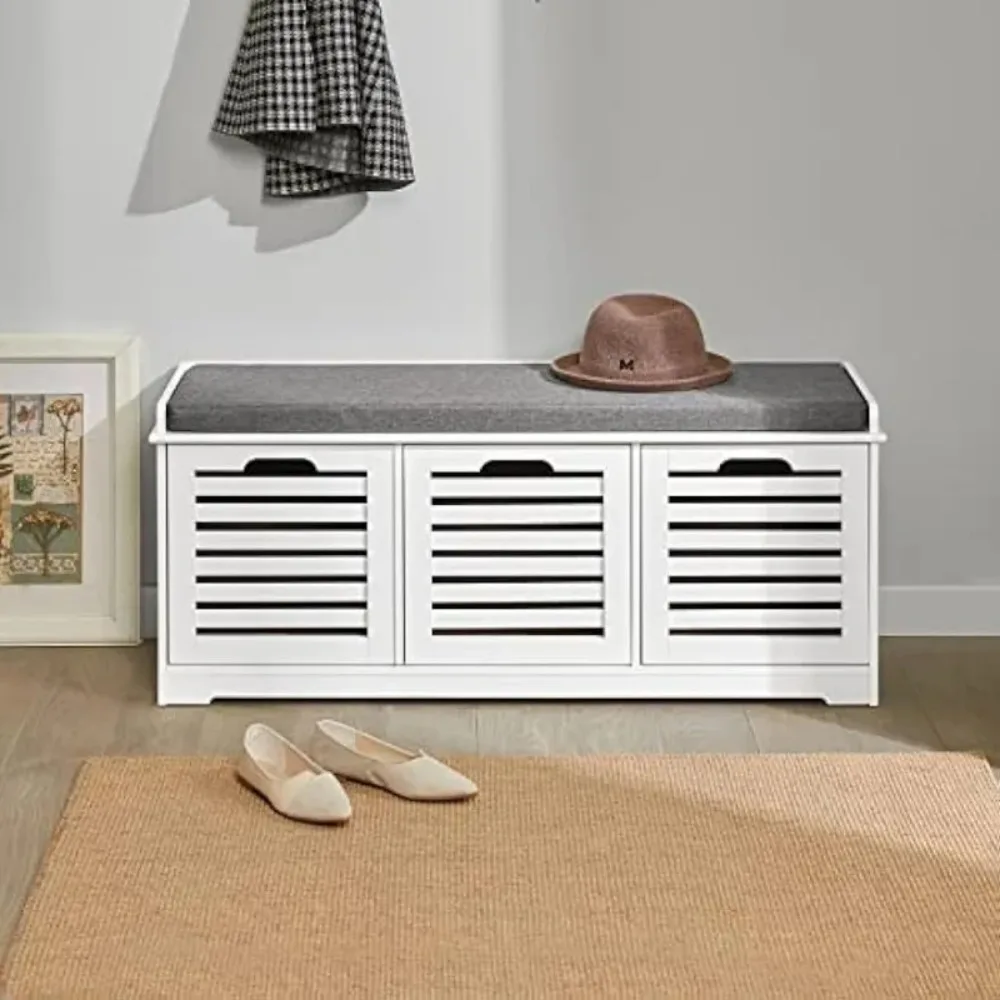 Haotian FSR23-W, White Storage Bench with 3 Drawers & Padded Seat Cushion, Hallway , Shoe Cabinet,