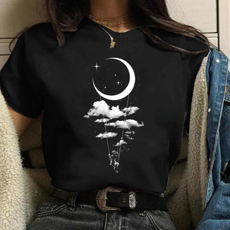 Harajuku Funny 90s Girl Moon Women T Shirt Cartoon Graphic Printed Black Ladies T-shirt Casual Woman Shirt Kawaii Tee Shirt