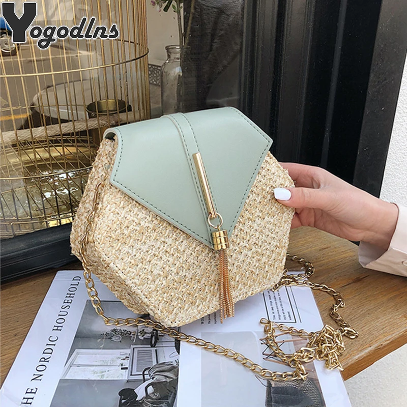 Hexagon Mulit Style Straw+leather-based Handbag Women Summer Rattan Bag Handmade Woven Beach Circle Bohemia Shoulder Bag