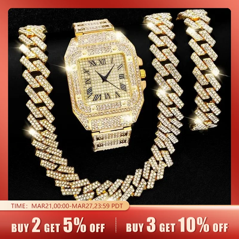 Hip Hop Iced Out Chain Necklace+Watch+Bracelet Set Men 14MM Cuban Link Chain New Rhinestone Necklace for Men Jewelry Watch Gift