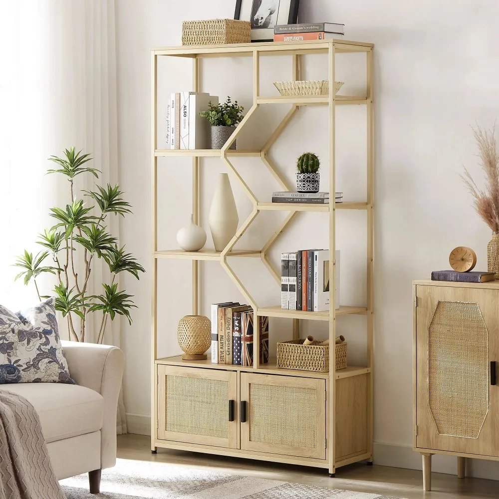 Hommoo 7 tiers Rattan Bookshelf, Display Shelf Bookcases, Book shelf Storage Rack with cabinet for Living Room Home Office