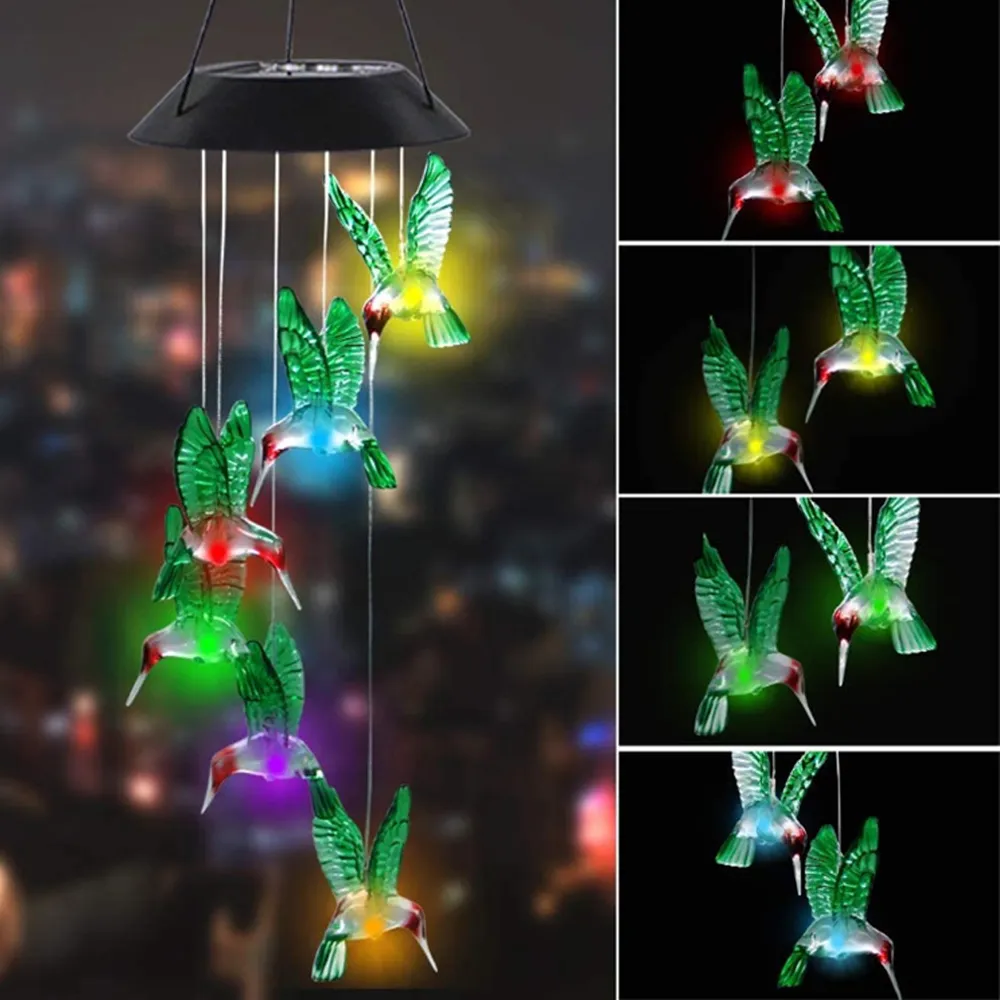 Hummingbird LED Waterproof Outdoor Light Color-Changing Power Solar Wind Chimes Yard Home Garden Decor Lights Lamp