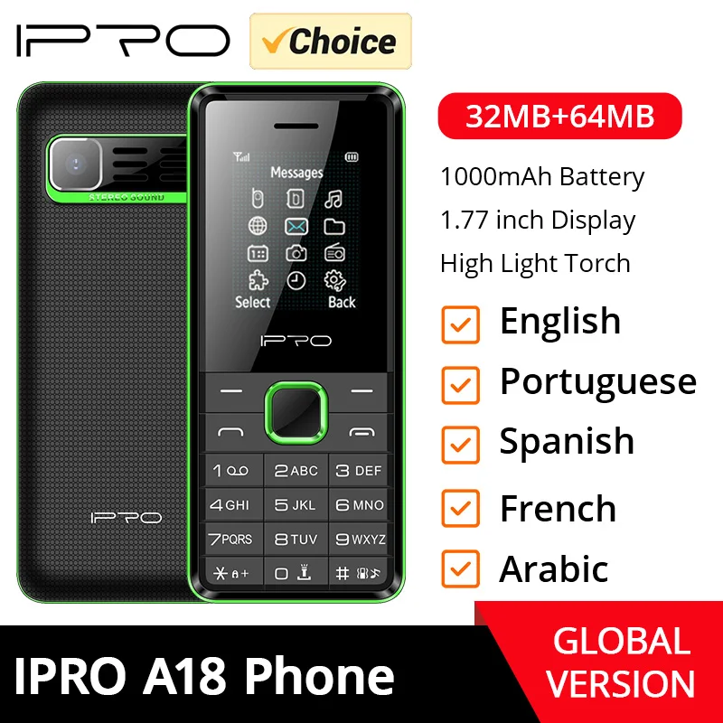 IPRO A18 Feature Phone 1.77 Inch 128*160 1000mAh Battery With Camera High Light Torch 32MB RAM 64MB ROM Multi language