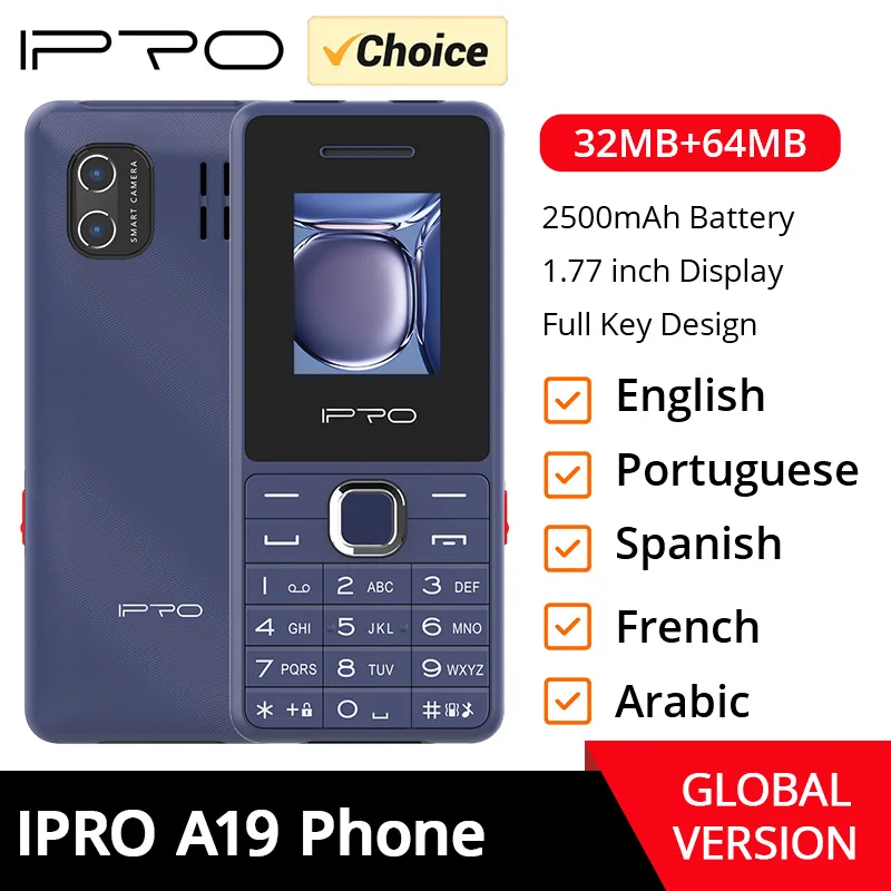 IPRO A19 Feature Phone SC6533 1.77 Inch 128*160 2500mAh 25B Large Battery With Camera High Light Torch 32MB RAM 64MB ROM