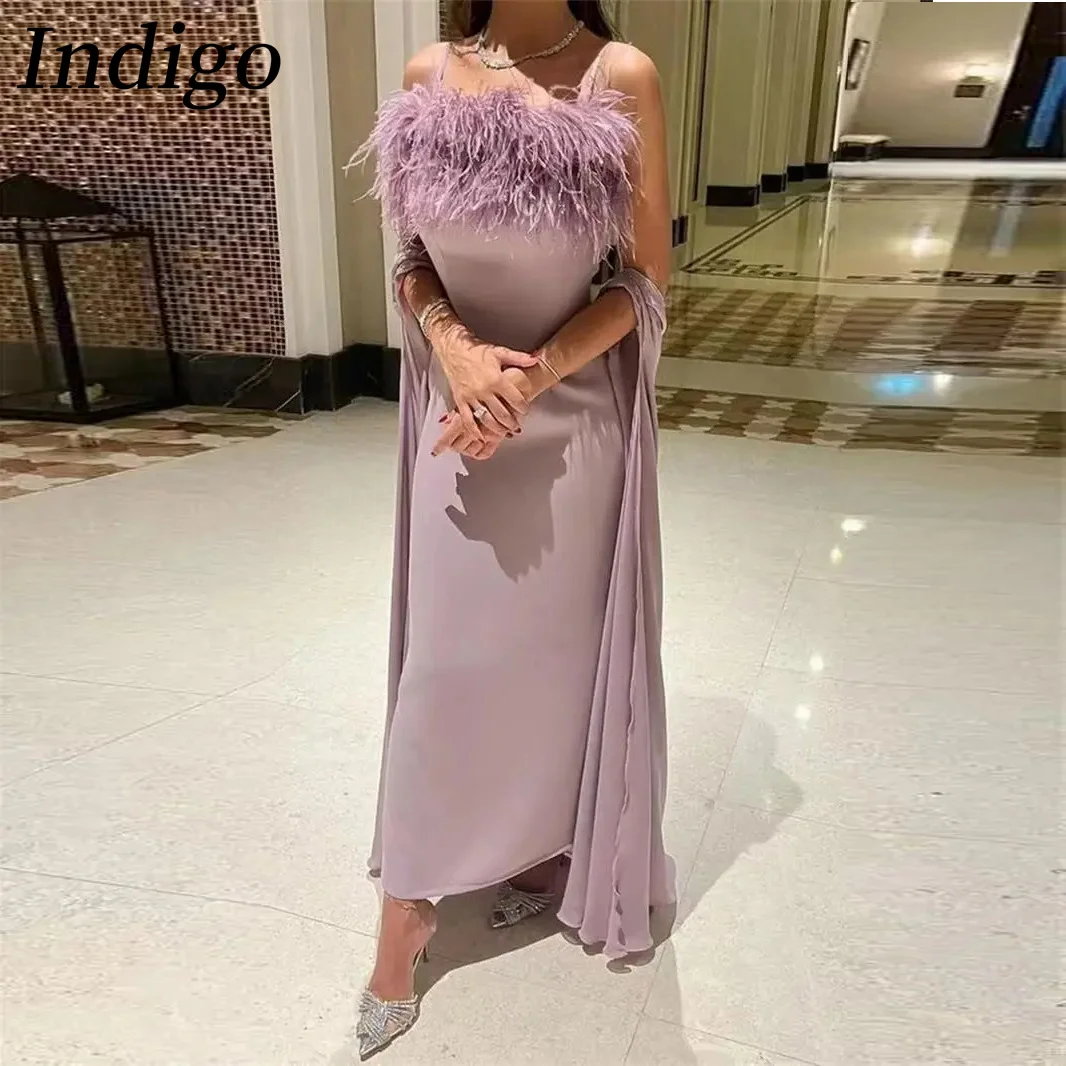 Indigo Evening Dresses Sleeveless Ankle-Length Spaghetti Feathers Shawl Women Formal Occasion Party Dress 2024 فساتين السهرة