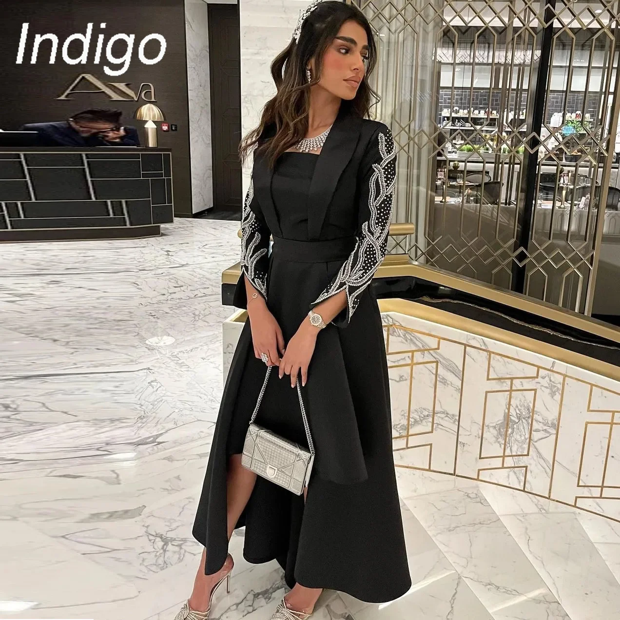 Indigo Formal Occasion Dresses Square Neck A Line Sexy Slit Beading Women Evening Party Dress 2024 Robe De Soiree Femmes