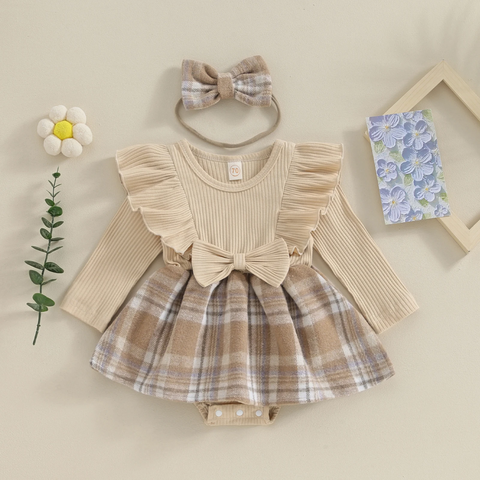 Infant Baby Girl 2Pcs Ruffle Bodysuits Cute Long Sleeve Plaid Skirt Romper with Headband Clothing Set Children Outerwear