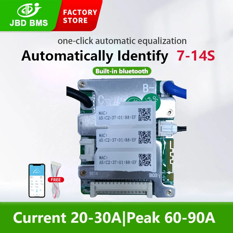 JBD Smart BMS 24V 36V 48V 20A 30A 7S 8S 9S 10S 11S 12S 13S 14S Built-in BT UART Li-ion LiFePo4 Bms Balance Board For E-Bike