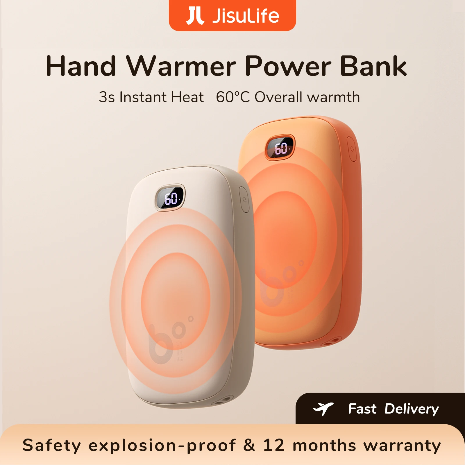 JISULIFE Hand Warmers USB Power Bank Rechargeable 3S Instant Heat Portable Electric Hand Heater 60℃ Fast Warm Digital Display