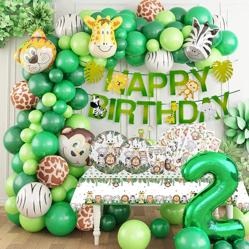 Jungle Safari Birthday Party Tableware Set  Animal Balloons Garland Palm Leaves Banner Tablecloth Kids Birthday Baby Shower Deco