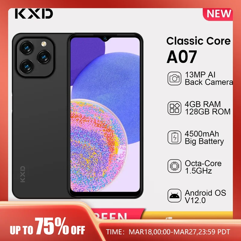 KXD A07 Smartphone 6.52” Android 12 Mobile Phone 128GB ROM + 4GB RAM up to 8GB 13MP Camera 4500mAh 10W Fast Charging Cell Phone