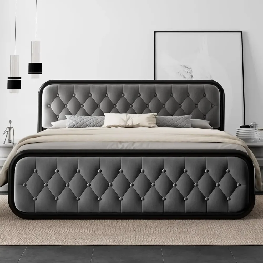 King Size Bed Frame Heavy Duty Bed Frame With Faux Leather Headboard Bedroom Furniture 12