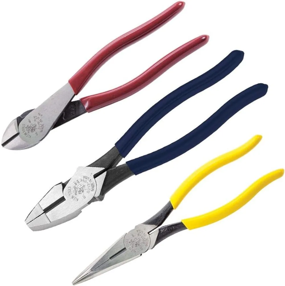 Klein Tools 80020 Tool Set with Lineman’s Pliers, Diagonal Cutters, and Long Nose Pliers with Induction Hardened Knives, 3-Piece