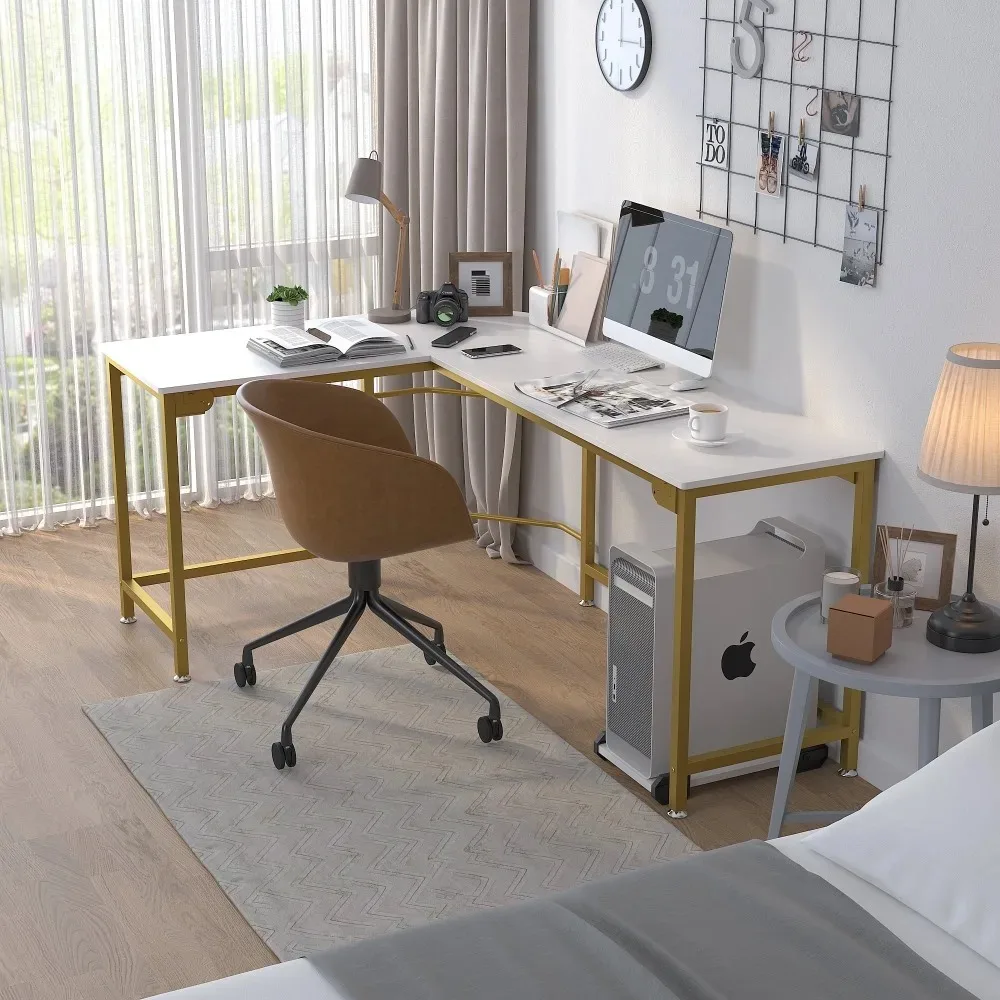 L-Shaped Corner Computer Desk Office Workstation Modern Wooden Home Study Writing Table Laptop Desk – White With Gold Frame Room