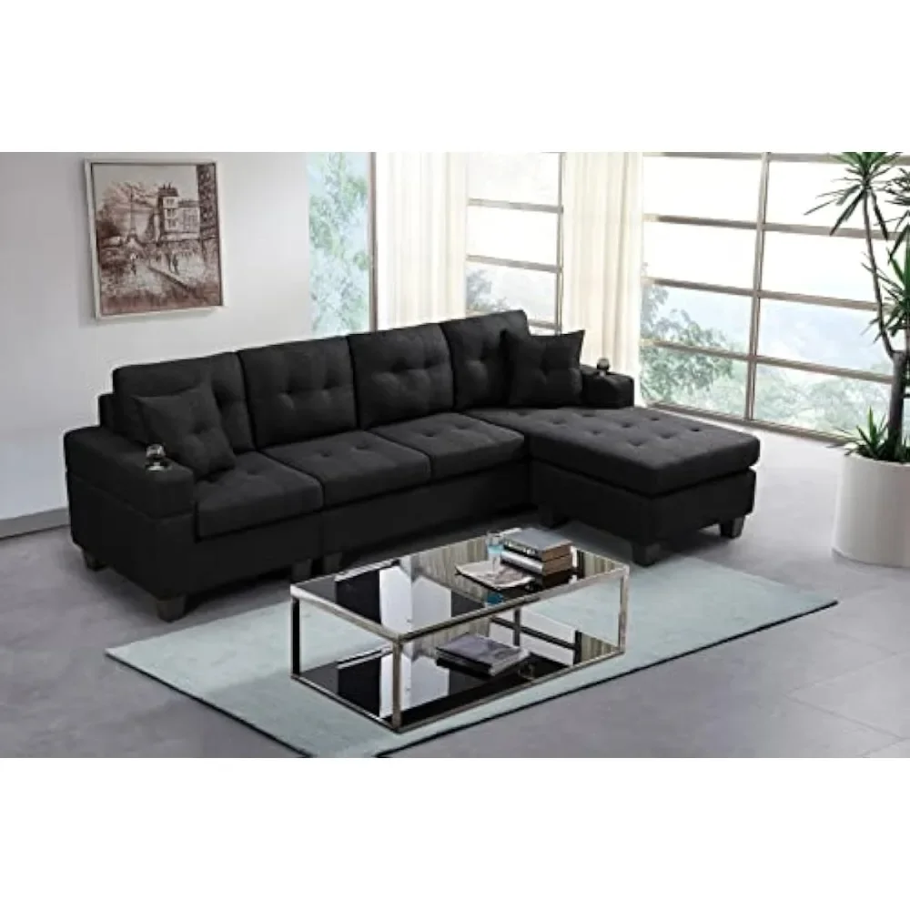 L-shaped Upholstered Modular Sofa with Reversible Chaise Longue and 2 Cup Holders, Modern Furniture Stylish Design, Black