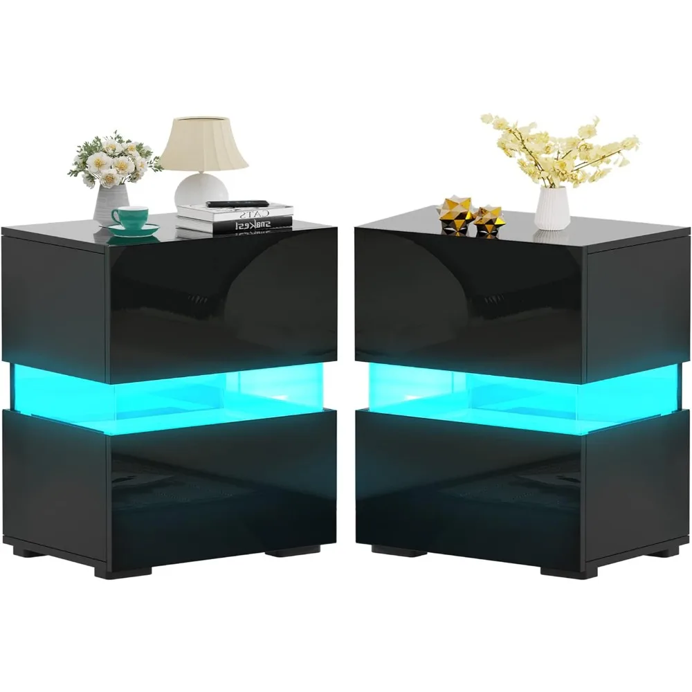 LED Bedside Table 2-piece Set Storage Locker Bedside Table With High-gloss Drawer Bedroom Use Furniture Home