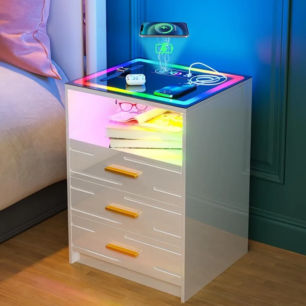 LED Nightstand With Wireless Charging Station and 24 Color Dimmable Auto Sensor for Bedroom Furniture Bedside Table Nightstands