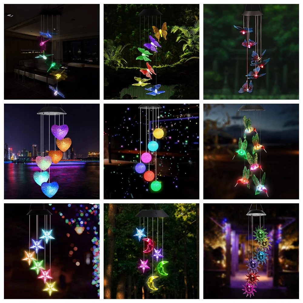 LED Solar Wind Chime Crystal Ball Hummingbird Wind Chime Light Color Changing Waterproof Hanging Solar Light For Home Garden