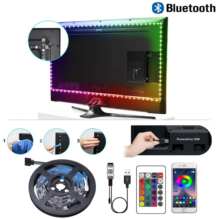 LED Strip Light 2835 5050 USB Bluetooth Flexible Lamp Tape 3key Sound Sensor RGB Ribbon 1M 2M 3M 4M DC5V Decoration TV AgainLight