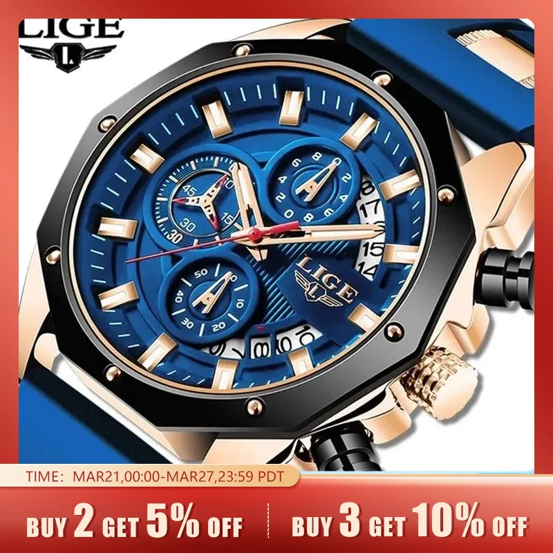 LIGE Fashion Men Watches Top Brand Luxury Silicone Sport Watch Men Quartz Date Clock Waterproof Wristwatch Chronograph Clock Man