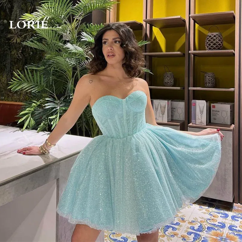 LORIE Ice Blue Short Prom Dress Ball Gowns A Line Corset Sweeheart Neck Mini Evening Party Dress Girl Special Occasion Dress