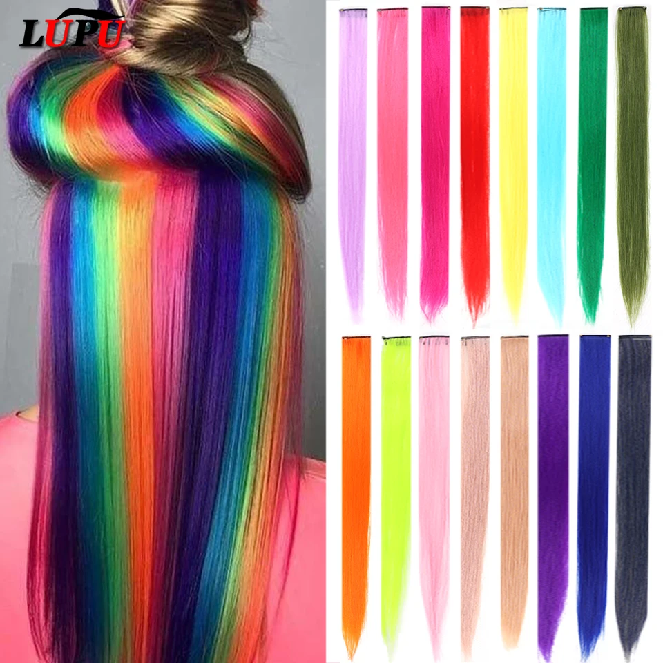 LUPU Synthetic Clip Hair Extension 22 Inch Long Straight Colored Rainbow Highlight Hair Pieces For Women Natural False Fake Hair