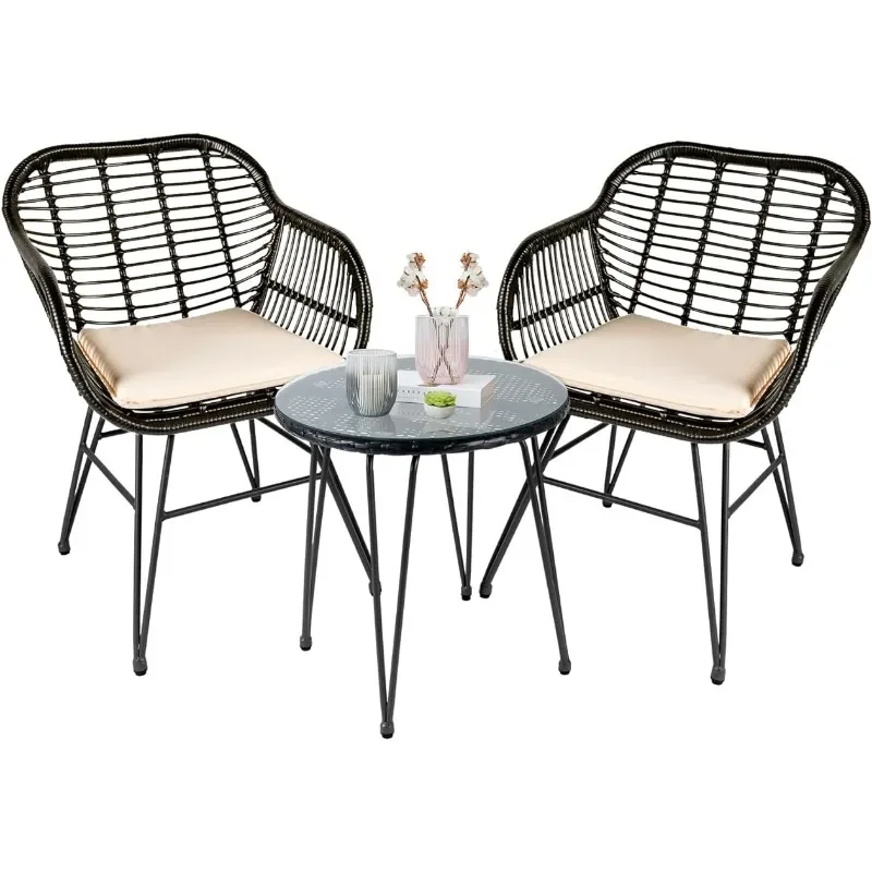 Leasbar 3 Piece Outdoor Wicker Conversation Bistro Set, All-Weather Outdoor Patio Furniture w/Table and Cushions