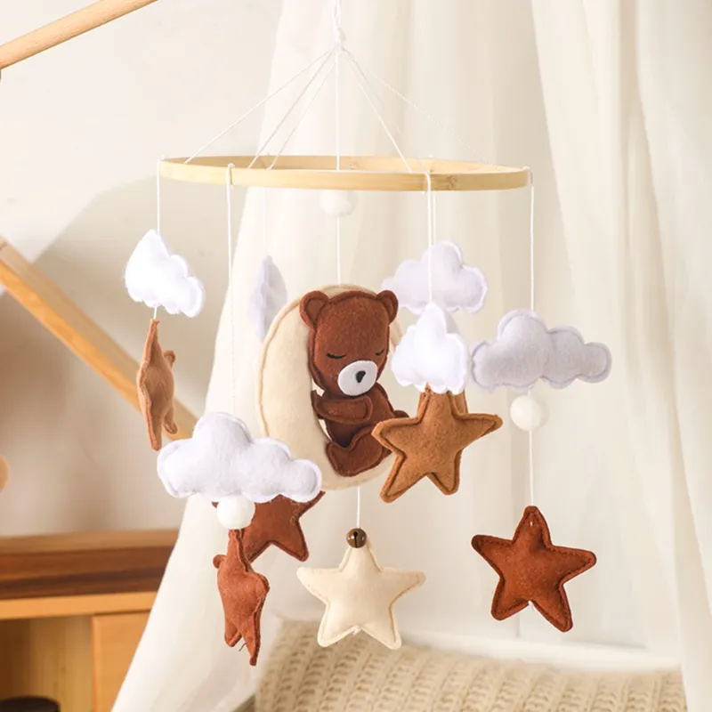 Let’s Make Wooden Baby Rattles Soft Felt Cartoon Bear Cloudy Star Moon Hanging Bed Bell Mobile Crib Montessori Education Toys