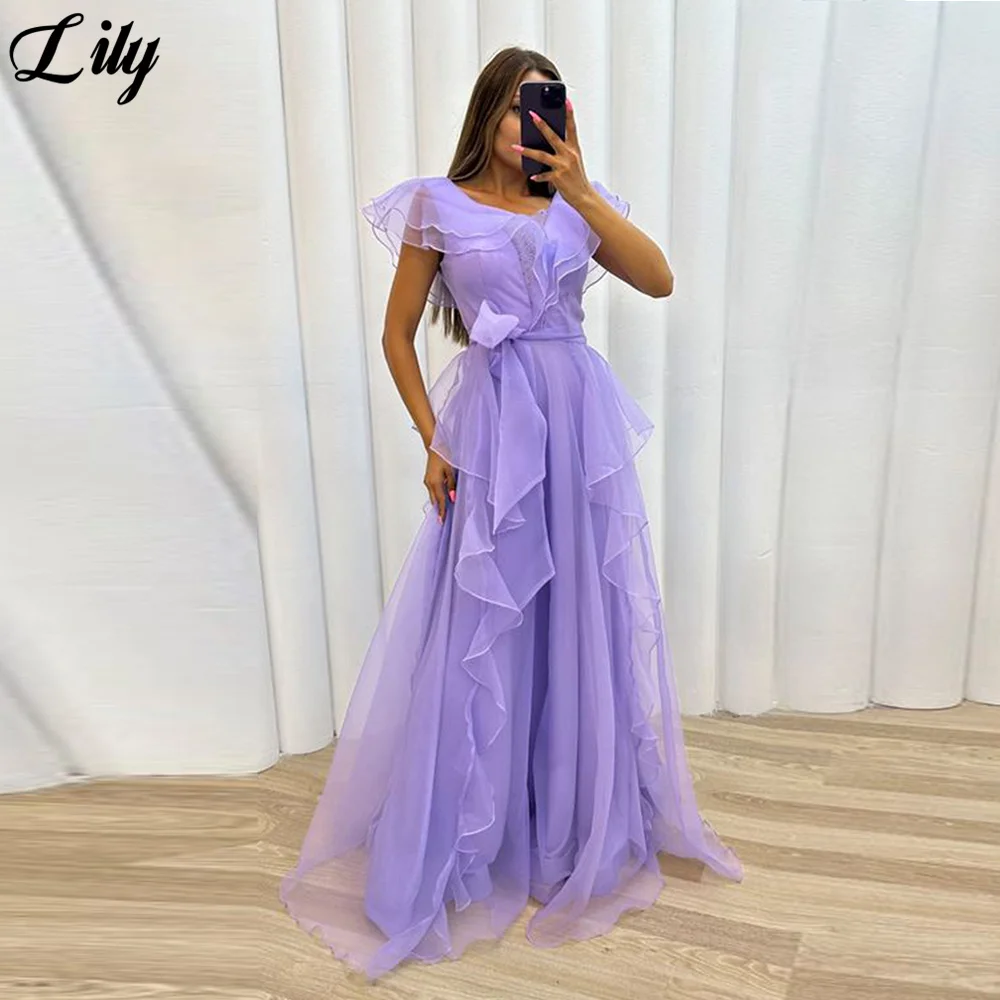 Lily Lavender Tulle Formal Dress V Neck Short Sleeves Party Dress For Wedding Tiered Pleat Special Occasion Dress robe soirée