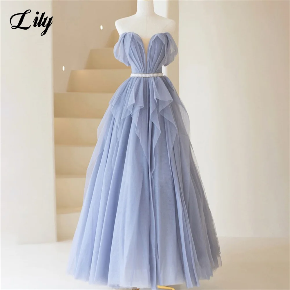 Lily Light Sky Blue Formal Dress Net with Belt Beading Party Dress For Wedding V Neck Pleat Special Occasion Dresses robe soirée