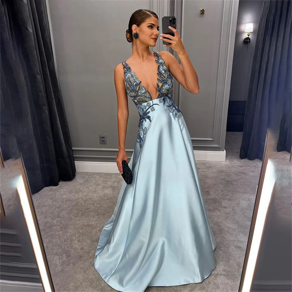 Lily Spaghetti Strap Sky Blue Formal Dress Deep V Neck Party Dress For Wedding Appliques Lace Special Occasion Dress robe soirée