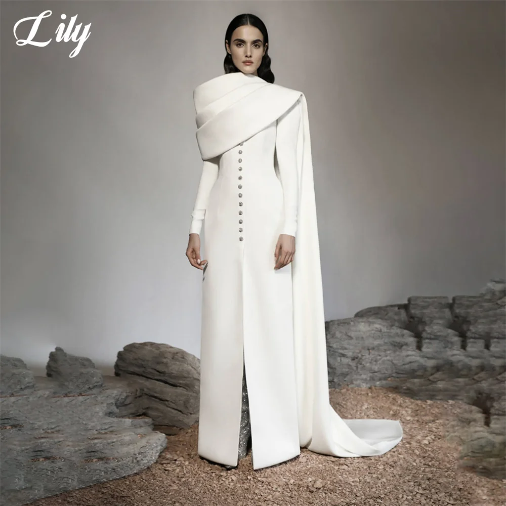 Lily White Beach Formal Dress Full Sleeves Split Party Dress For Wedding Button High Collar Special Occasion Dresses robe soirée