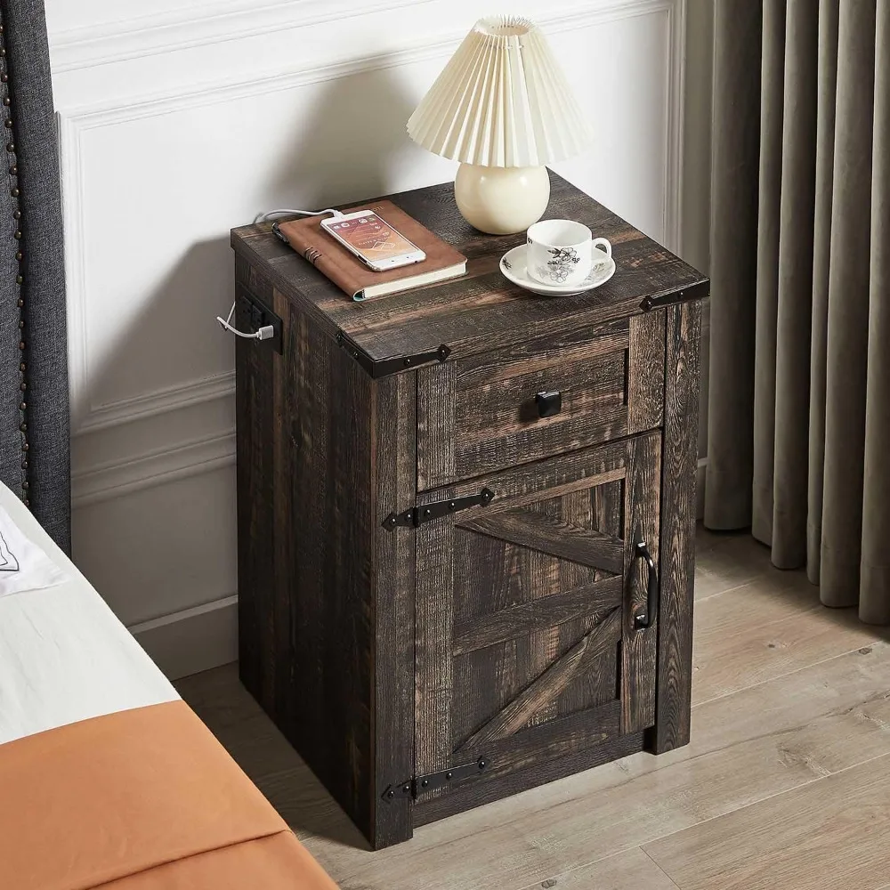 Living Room Bedside Table Farmhouse End Table with Barn Door and Drawer Nightstands Furniture Dark Rustic Oak