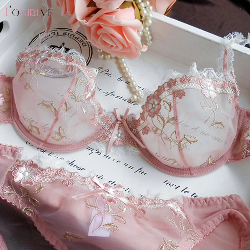 Logirlve Exquisite embroidery lotus pink ultra-thin women’s sexy transparent lace underwear bra set