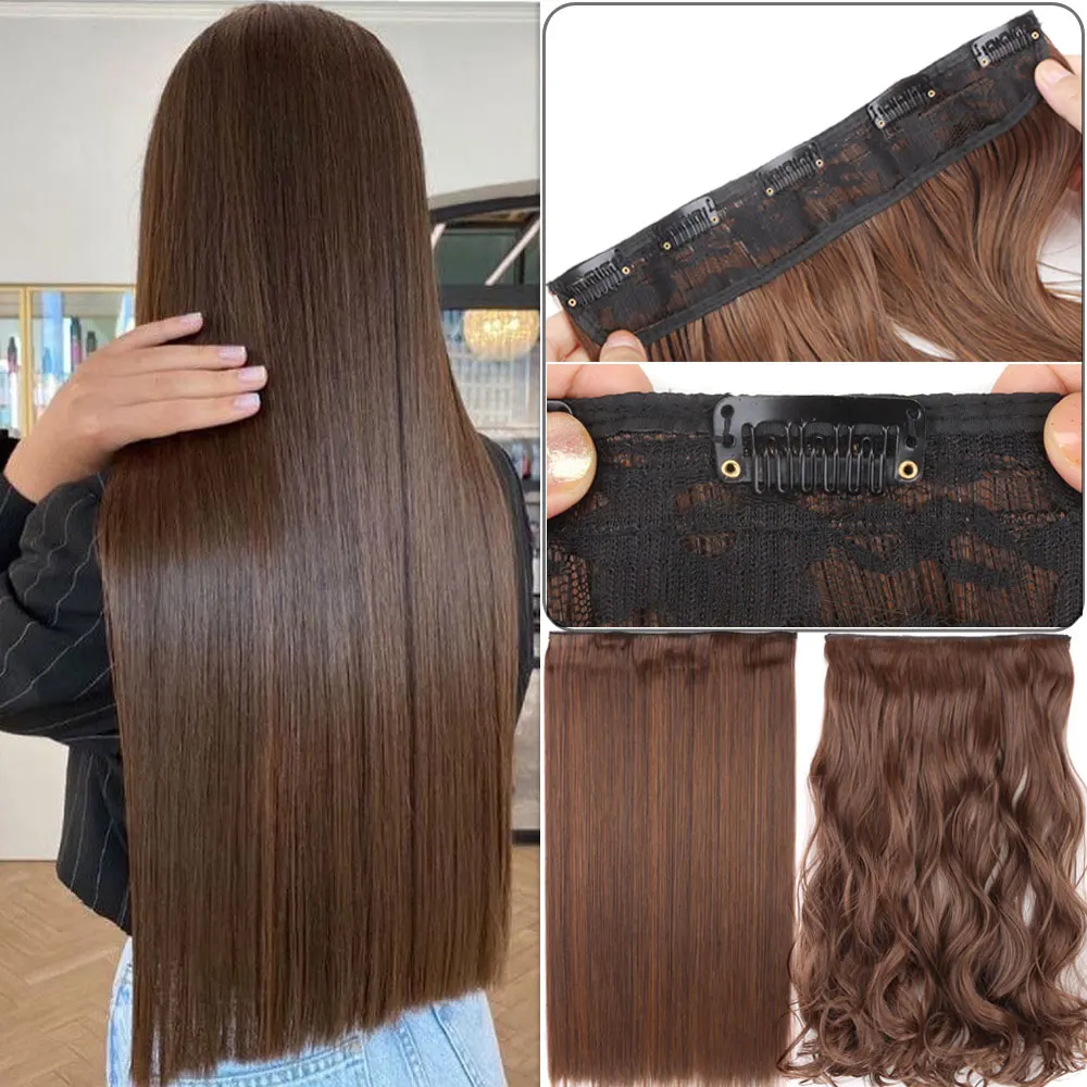 Long Straight Wavy 5 Clips Hair Extensions Synthetic Clip On Hair Extensions High Tempreture Fake Hair Hairpiece For Women