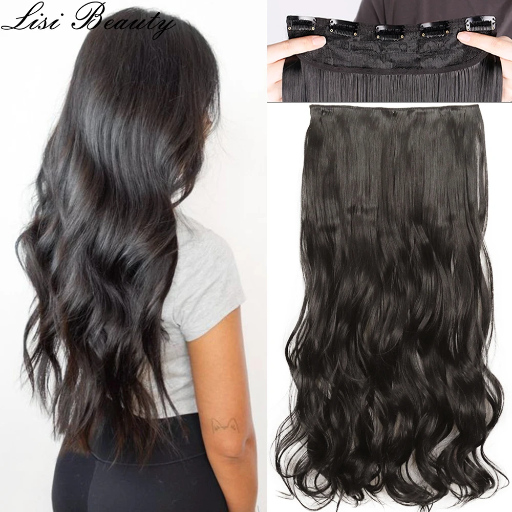 Long Wavy 5 Clip In Hair Extensions Synthetic Fiber Hairpieces 22/32” Black Blonde Mixed color False Hair Daily Use