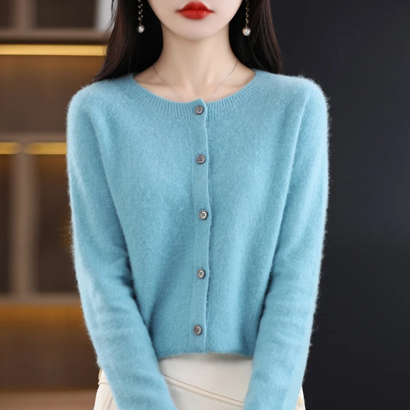 Long-sleeved women’s sweater cashmere knitted 100% pure merino wool O-neck cardigan sweater coat in autumn and winter.