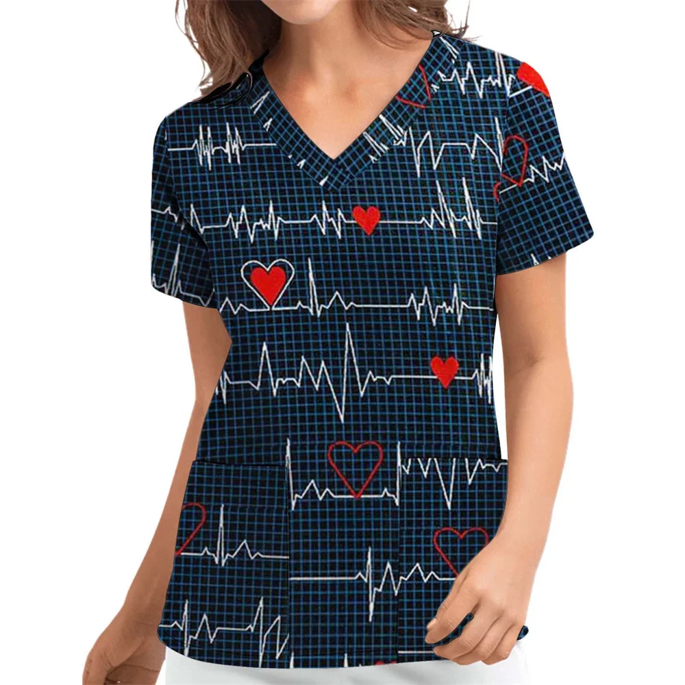 Love Womens T-Shirts Medical Nursing Uniform Stretch Ombre Print V-Neck Short Sleeve T Shirt Tops With Pocket Women’s Clothing