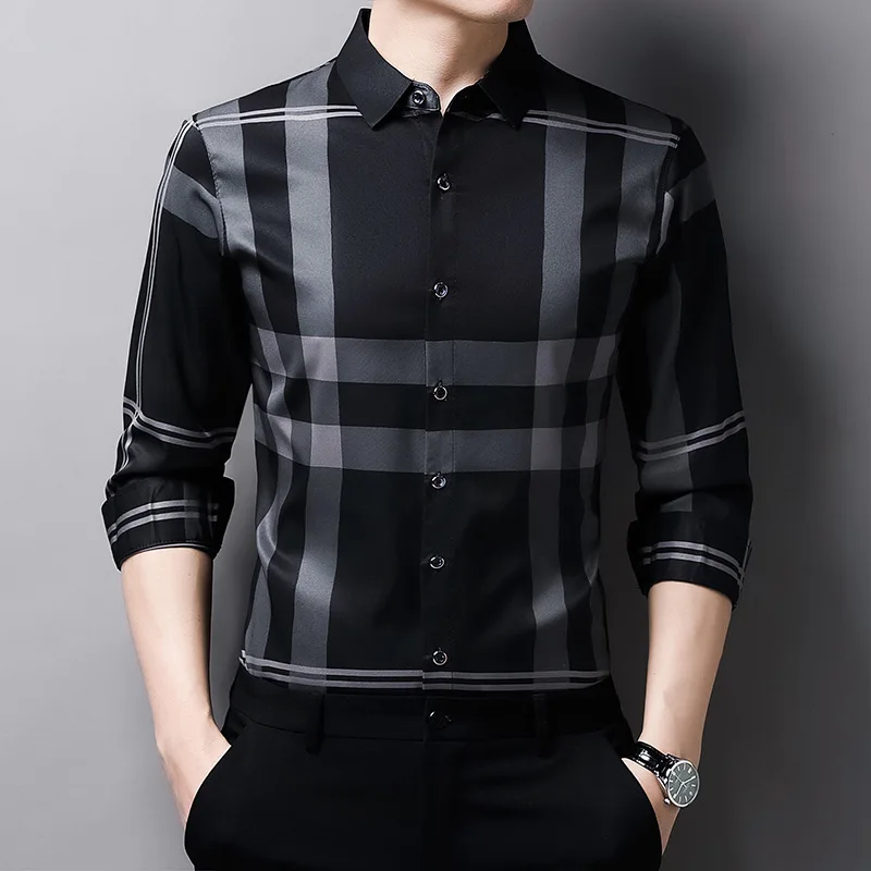 Luxurious Men’s Long Sleeve Striped Shirt New Spring Autumn Ice Silk Business Top Wrinkle-resistant Non-iron Solid Men Clothing