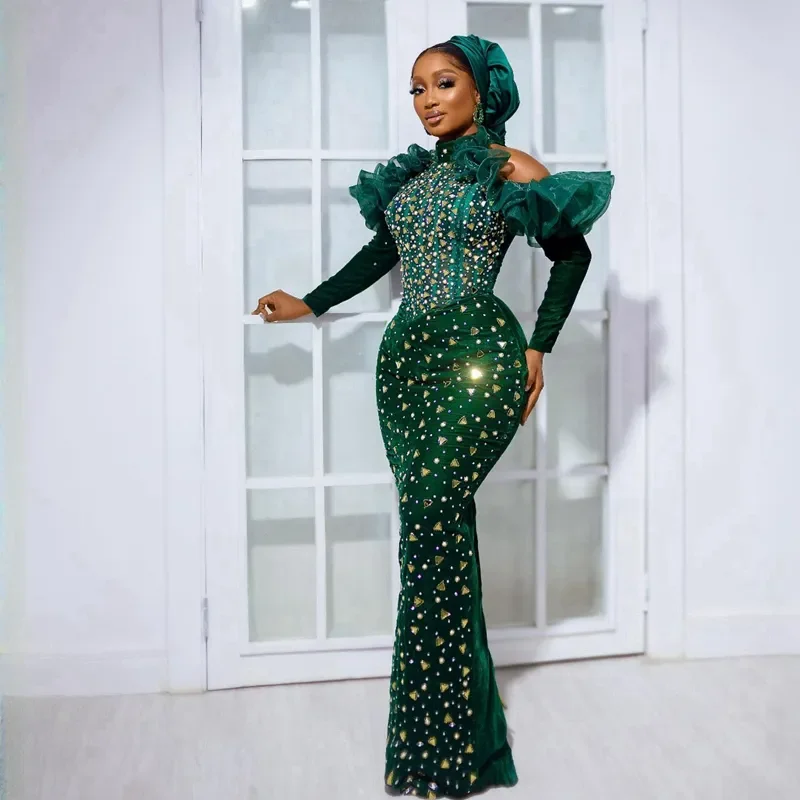 Luxury Velvet Aso Ebi Prom Dress Emerald Green Long Sleeves Shine Beads Evening For Special Occasions Birthday Formal Party Gown