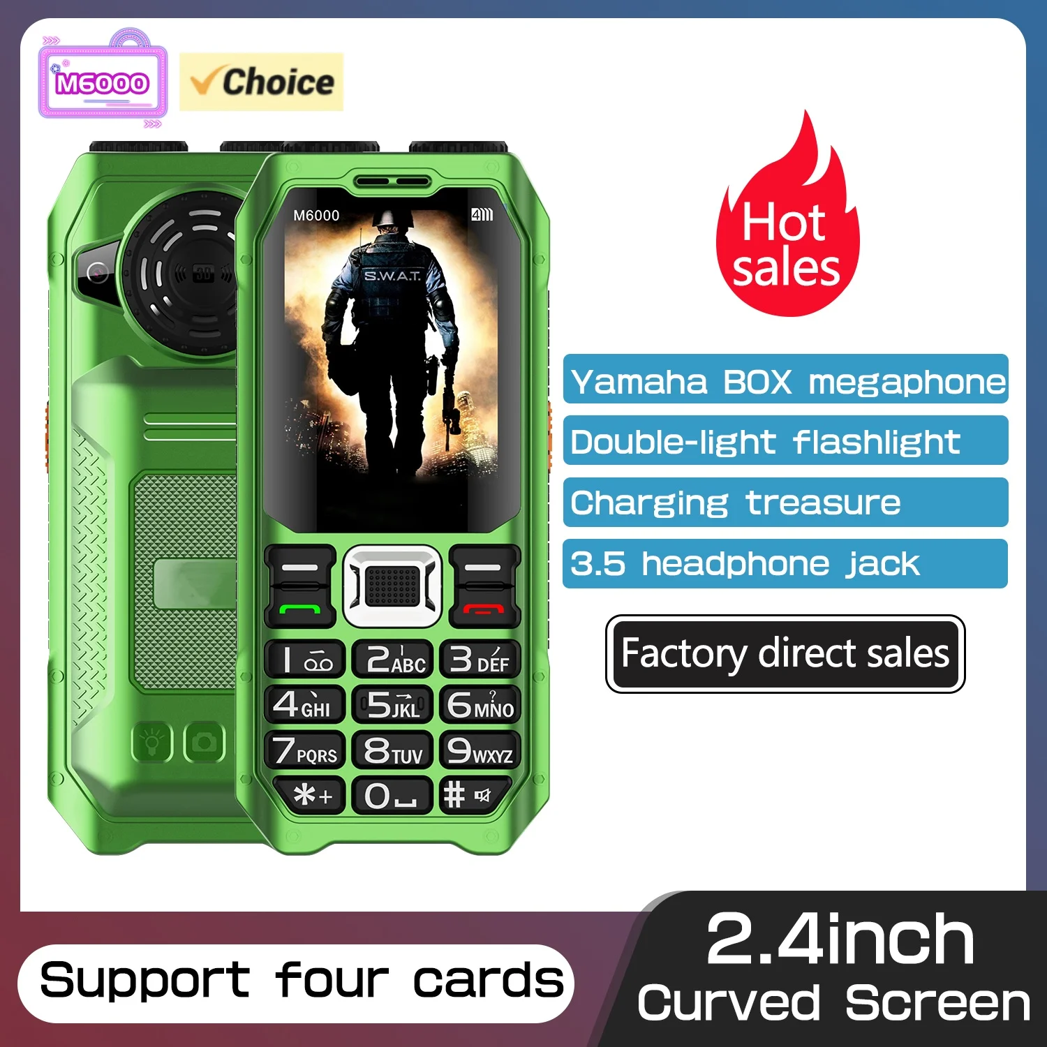 M6000 Brand New 2.4inches Four SIM Cards Mobile Phone Flashlight Loud Voice Big Battery FM Bluetooth Unlocked Feature Phone