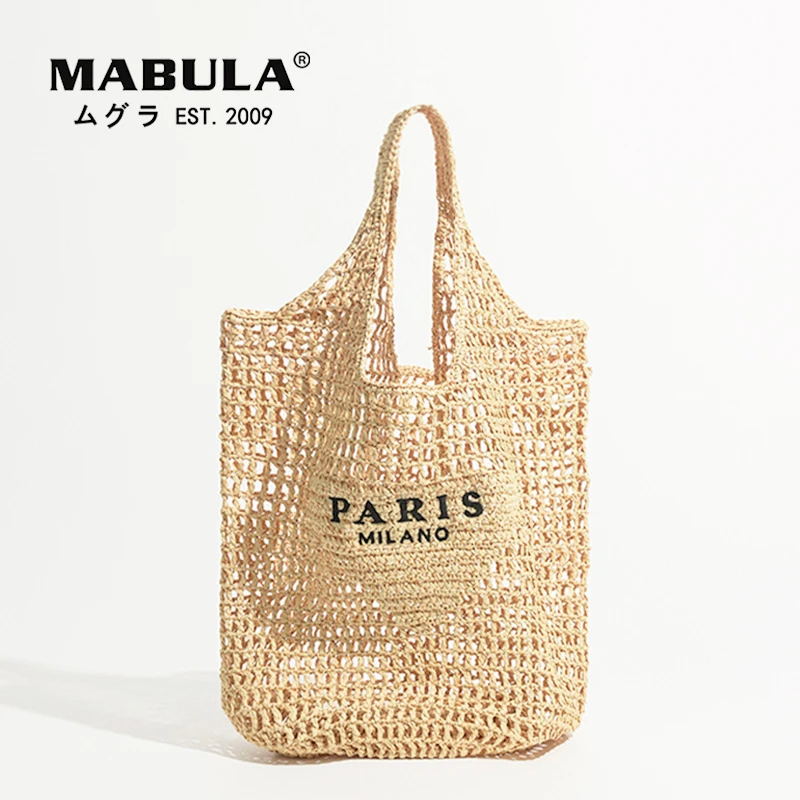 MABULA Luxury Design Women Plaited Raffia Straw Bag Large Capacity Casual Tote Handbag Hollow Summer Beach Vacation Shoulder Bag