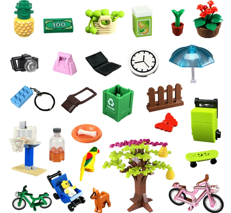 MOC Bricks Bike notebook Camera Dollar luggage Trash Bottle City Accessories View DIY Educational Building Blocks Friends gifts