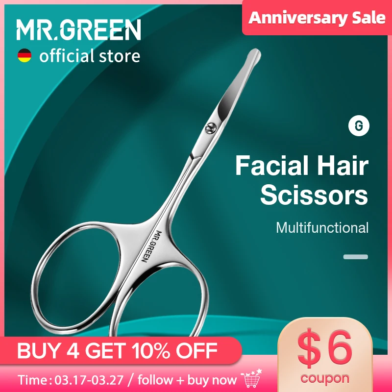 MR.GREEN Facial Hair Scissors Rounded Professional Stainless Steel Mustache Nose Hair Beard Eyebrows Eyelashes Trimming Clippers