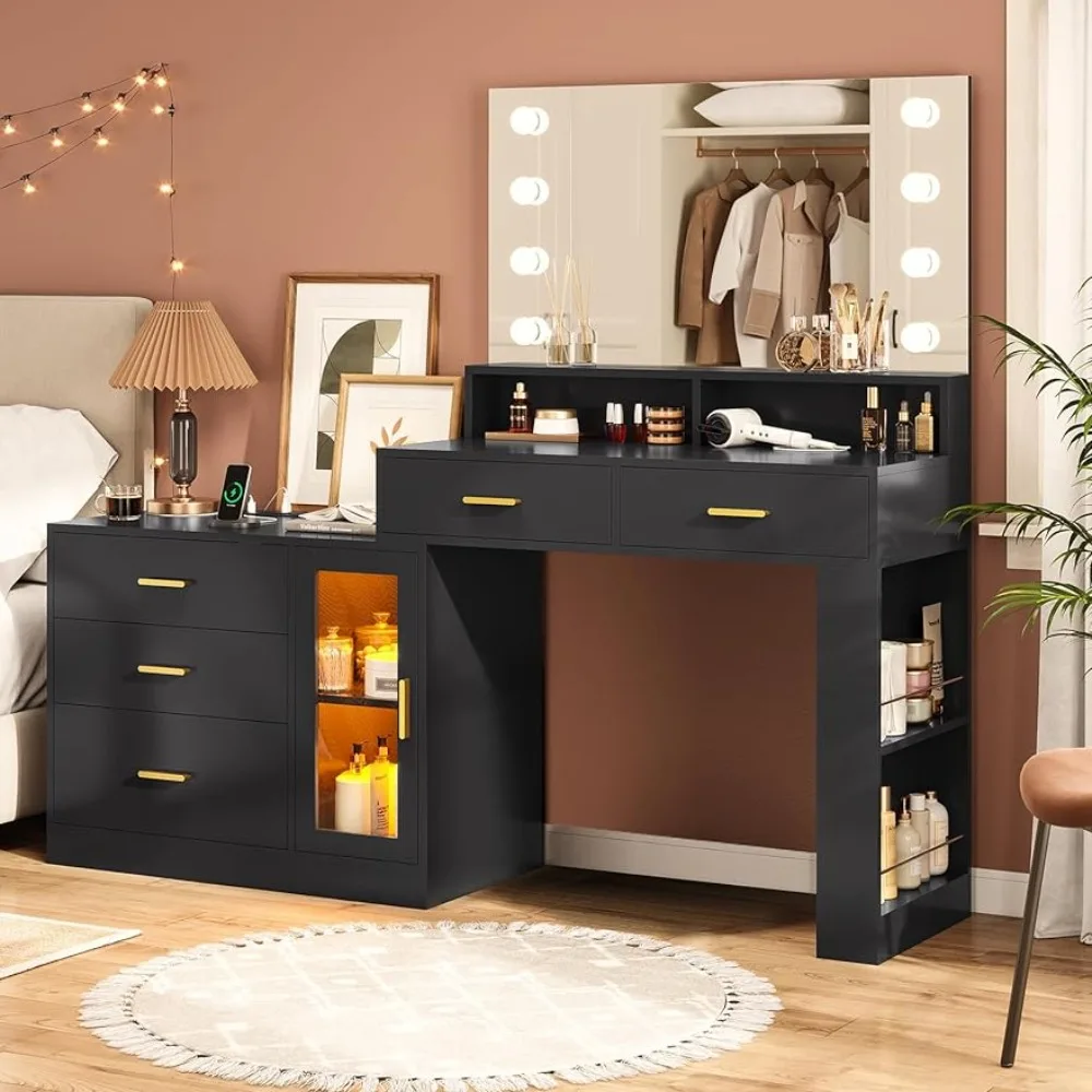 Makeup Vanity Desk With Mirror and Lights & Charging Station Tall Dresser Furniture Dressing Table With Mirror Multifunctional